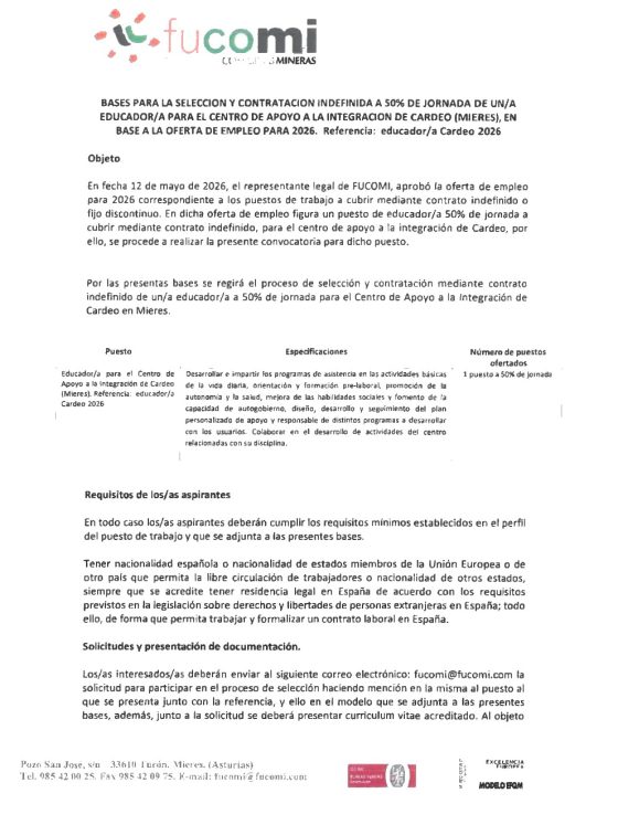 Bases para la selección y contratación indefinida a 50% de jornada de un/a educador/a para el Centro de Apoyo a la Integración de Cardeo (Mieres), en base a la oferta de empleo para 2026.