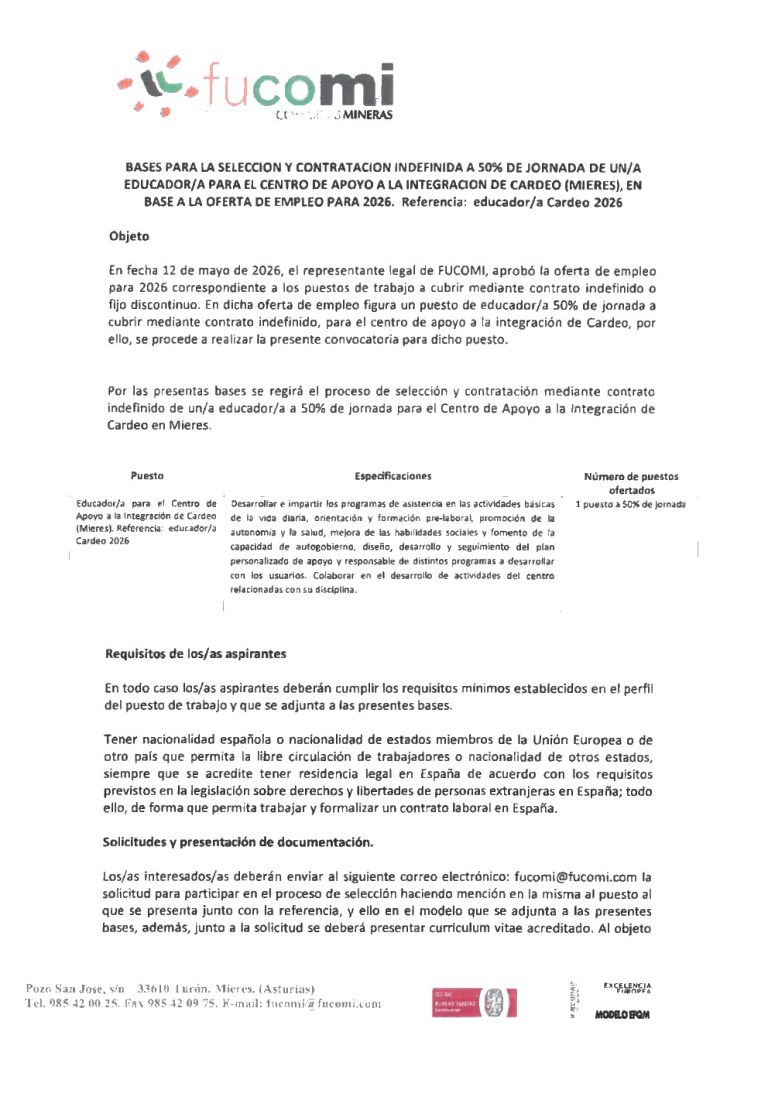 Bases para la selección y contratación indefinida a 50% de jornada de un/a educador/a para el Centro de Apoyo a la Integración de Cardeo (Mieres), en base a la oferta de empleo para 2026.