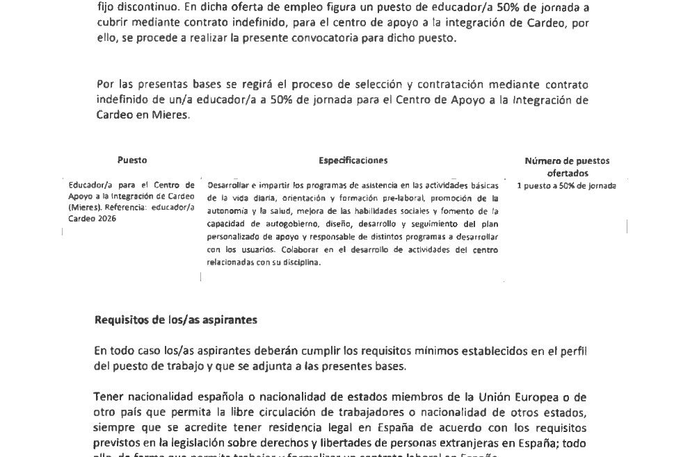 Bases para la selección y contratación indefinida a 50% de jornada de un/a educador/a para el Centro de Apoyo a la Integración de Cardeo (Mieres), en base a la oferta de empleo para 2026.